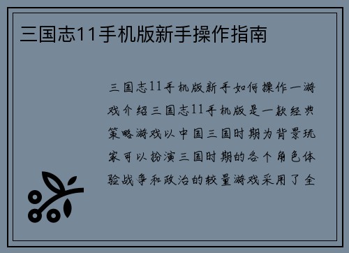 三国志11手机版新手操作指南