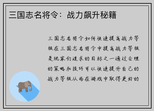 三国志名将令：战力飙升秘籍